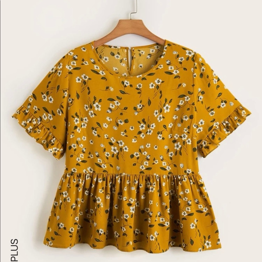 Plus Floral Print Flounce Sleeve Peplum Blouse